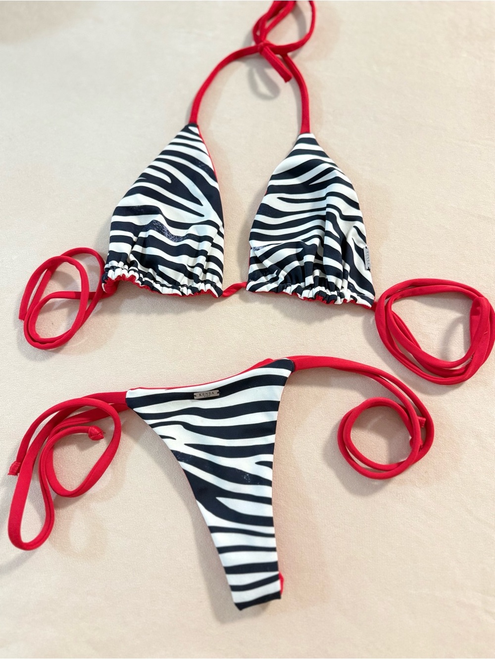Red String Zebra Print Triangle Bikini - Picture 3 of 16